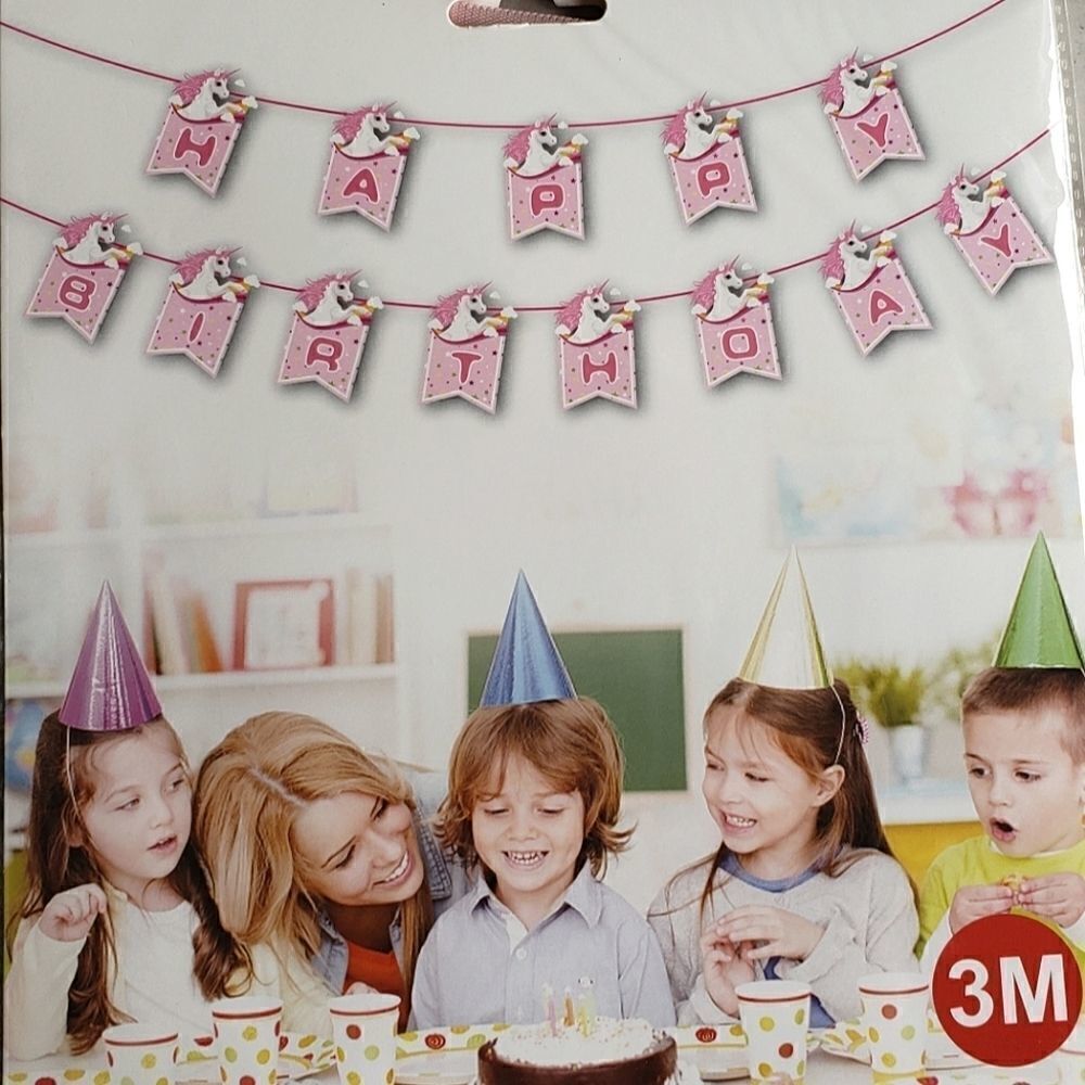 Unicorn Rainbow Pink Girl Happy Birthday Ribbon Banner NWT